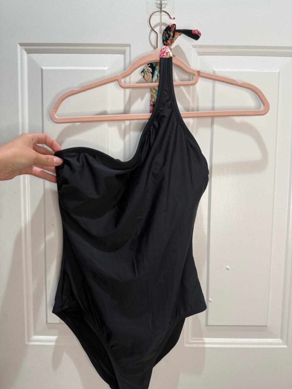 Kona Sol Black One-Shoulder Swimsuit with Floral Tie Accent